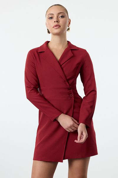 Trendyol Collection Μίνι υφαντό σακάκι σκούρο μπορντό φόρεμα - Λεπτομέρεια με κουμπί TWOAW24EL00462