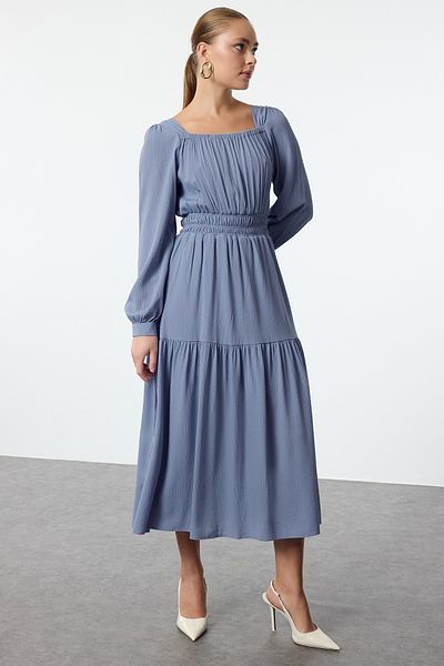 Trendyol Collection Rochie țesătă căptușită cu guler pătrat Indigo - Fusta cu deschidere în talie TWOSS24EL01102