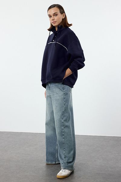 Trendyol Collection Тъмносин голям суичър с щракване - рипс и полар, дебела вътрешна част Twoaw25sw00205