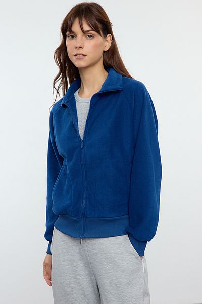 Trendyol Collection Navy Blue Fleece Knitted Sweatshirt - Zip Collar, Regular Fit TWOAW25SW00084