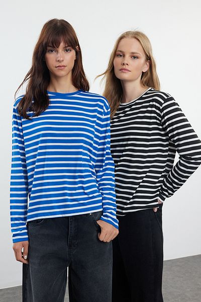Trendyol Collection Černá a tmavě modrá pruhovaná sada 2 pletených triček – Regular Fit TWOAW25TS00005