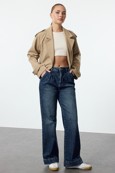 Trendyol Collection High Waist Blue Pleated Wide Leg Jeans - Twoaw25je00234