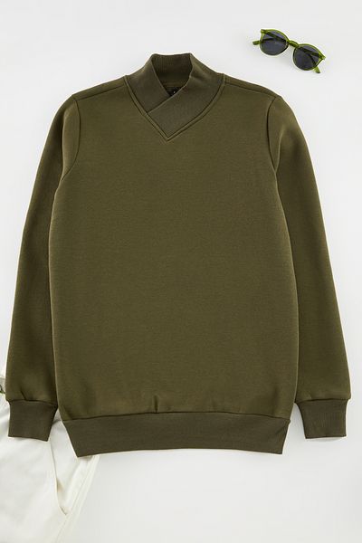 Edit by Trendyol Khaki pánská mikina s výstřihem do V, pravidelný střih Tedaw25Sw00029