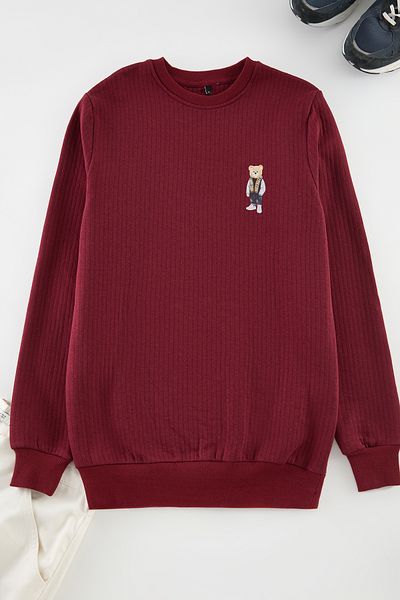 Edit by Trendyol Pánska mikina Teddy Bear Printed Claret Red - Regular Cut Tedaw25Sw00031
