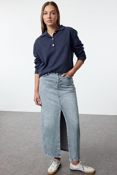 Trendyol Collection Pletená mikina s knoflíky Indigo Regular Fit - Thessaloniki/úplet Vzhled Twoaw24sw00143