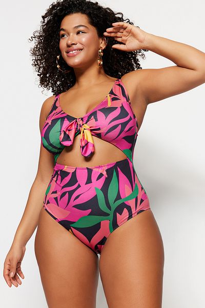 Trendyol Curve Plus-Size-Badeanzug mit mehrfarbigem Blumendruck und V-Ausschnitt – Bindedetail TBBSS23AM00008