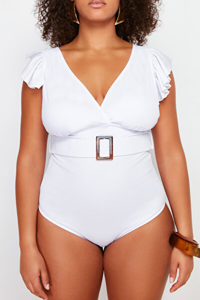 Trendyol Curve Λευκό νυφικό πλεκτό μαγιό με ζώνη Deep V με εφέ αποκατάστασης TBBSS24AM00015