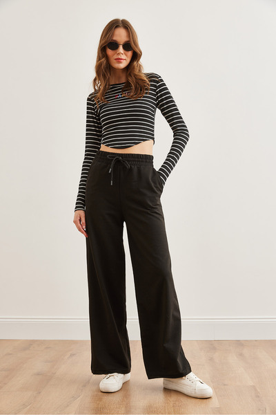 Olalook Black Women's Sweatpants - Pockets and Waist Laces, Wide Leg Eşf- 00000075