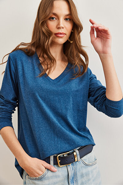 Olalook Жіноча блузка з віскози з V-подібним вирізом Indigo BLZ19002729