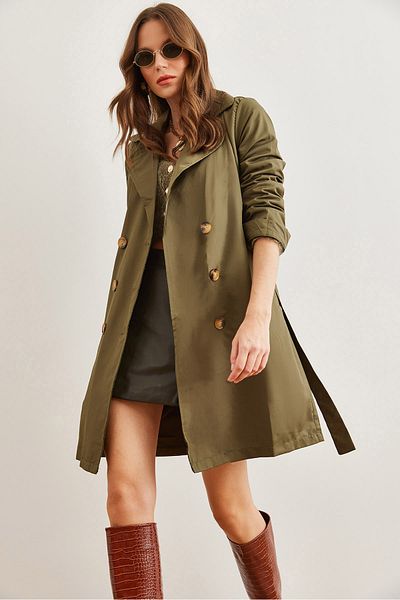 Olalook Dünner Trenchcoat für Damen in Khaki – Knöpfe und Taschen, ungefüttert, TRC- 00000008