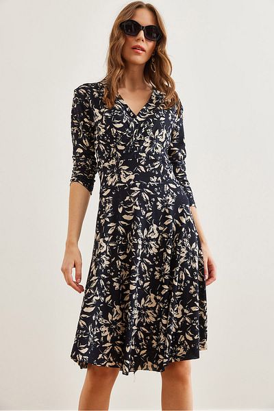 Olalook Leaf Navy Blue květinové vzorované dvouřadé dámské šaty - Elb- 19000962