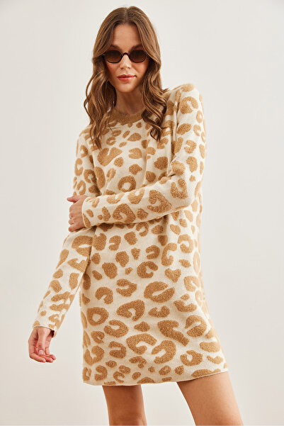 Olalook Kadın Camel Leopar Desenli Sakallı Yumuşak Dokulu Triko Tunik Elbise ELB-19002254