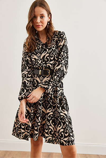 Olalook Kadın Şal Siyah V Yaka Volanlı Elbise ELB-19000989