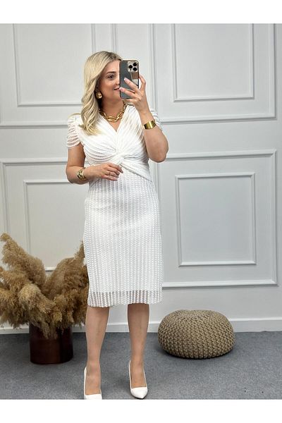 MELTEM TUĞAN White PatterneD Pencil Dress - Knot DetaileD anD LineD
