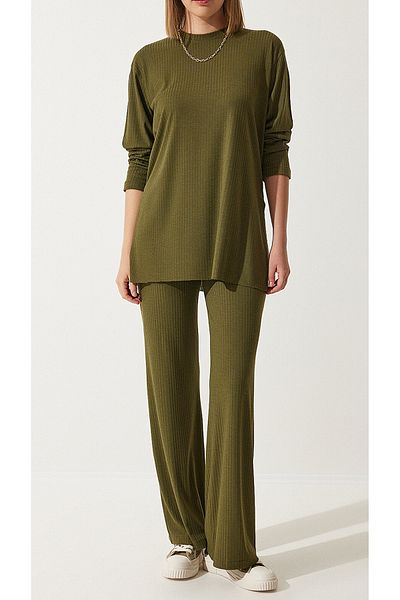 xpetrana Green Oversize Knitwear Set - Non-inner Looking Ribbed Camisole Women's Bottom and Top Set
