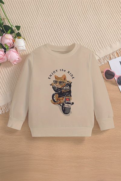 ŞAPKAKİDS 12699 Модел Premium Детски суитшърт с щампа на котка Enjoy The Ride Oversize