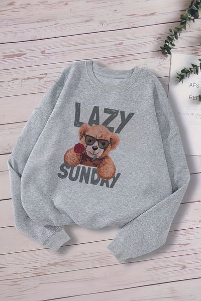 ŞAPKAKİDS Премиум детски суитшърт с шарка на мече Lazy Sunday Oversize - 12659