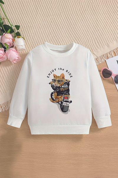 ŞAPKAKİDS 12699 Модел Premium Детски суитшърт с щампа на котка Enjoy The Ride Oversize
