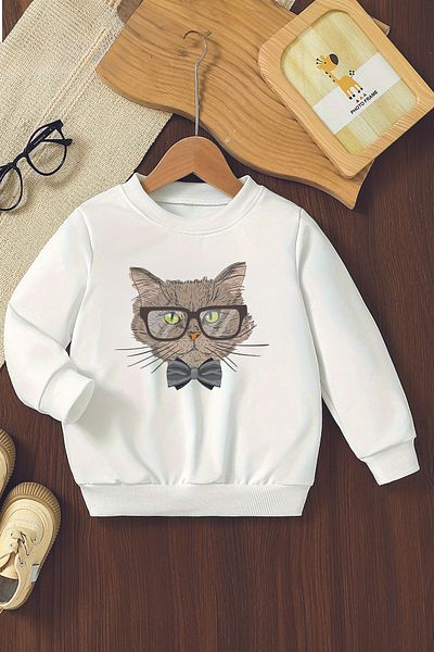 ŞAPKAKİDS Special Design Cat with Glasses Oversize Children's Sweatshirt 12493