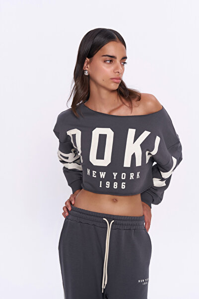 Quzu Dark Gray Crop Sweatshirt - Cut Detail and Printed