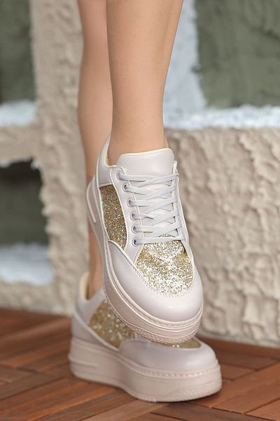 Zerenyus Χοντρή σόλα Glitter Λεπτομερές μπεζ γυναικείο αθλητικό παπούτσια - Jojo