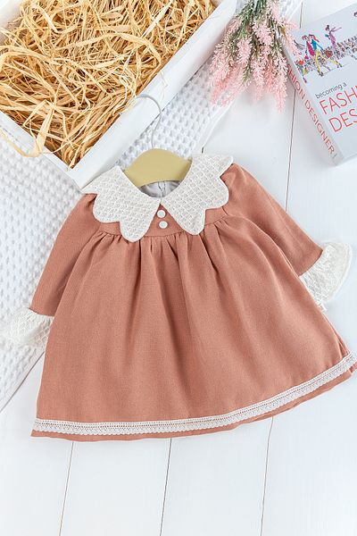 Babymod Gabardine Baby Girl Dress - Knitted Collar and Sleeve Detail