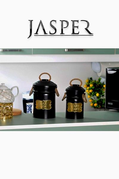 JASPER JPR-801 Yıldray صندوق تخزين معدني مكون من قطعتين صندوق شاي وحلوى أسود مزخرف