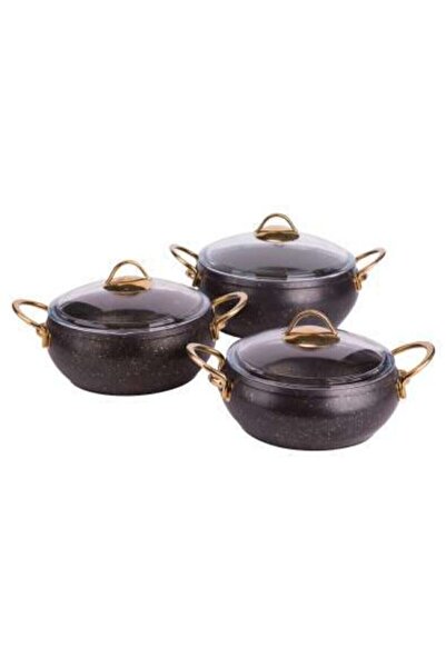 Özkent Black Gold Handle 3-Piece Granite Casserole Pot Set