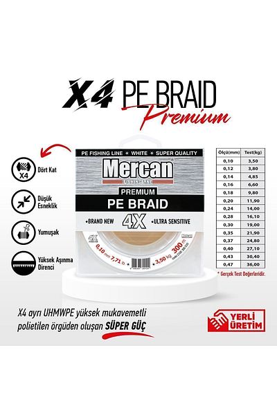 Mercan Premium Pe X4 300m White Braid Spool - Line