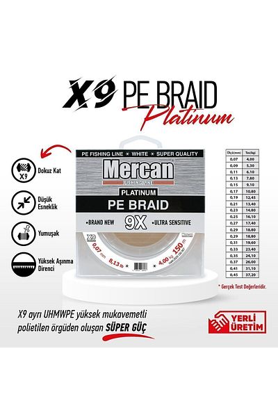 Mercan Platinum X9 Pe Braid - White Thread, 150m Spool Line