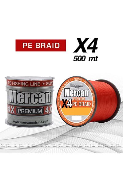 Mercan Premium X4 Pe Braid - Orange Color Rope 500m Coil Line
