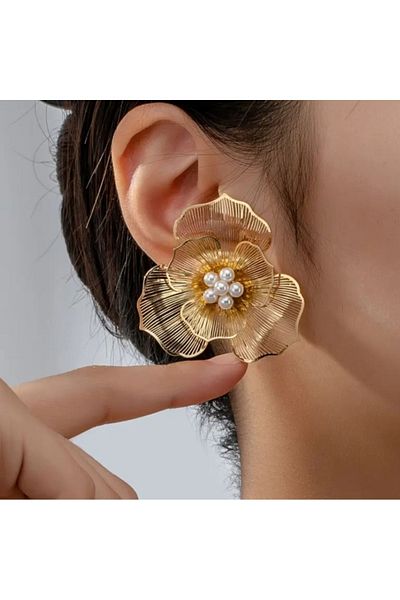 SE Jewellery Gold Double Layered Pearl Detailed Stylish Women's Earrings