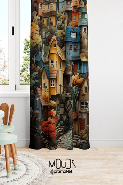 Moud's Old Town Patterned Suede Background Curtain - Children's and Baby's Room, Digital Printed Extra-For Drawstring, Single Wing