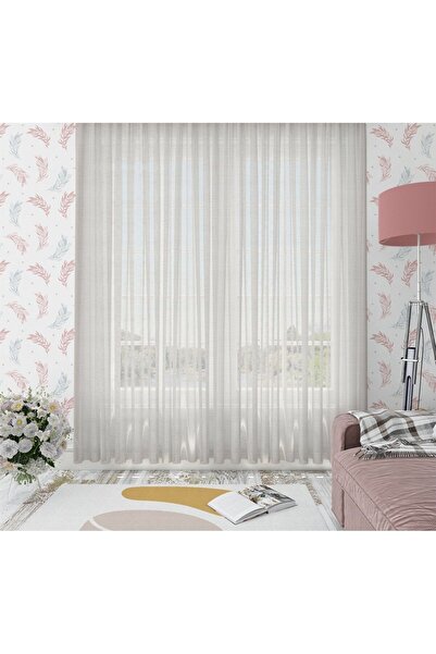 GOCCIA HOME Keten Görünümlü Düz Tül Perde Pilesiz Ekru