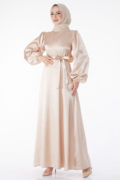 TOFİSA Beiges, schlichtes Damenkleid mit Rundhalsausschnitt und Gürtel - 13160
