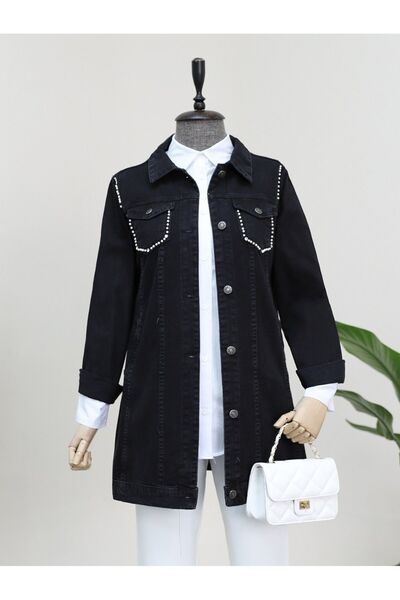 HİJABAYA Random Washed Pearl Pocket and Shoulder Denim Jacket