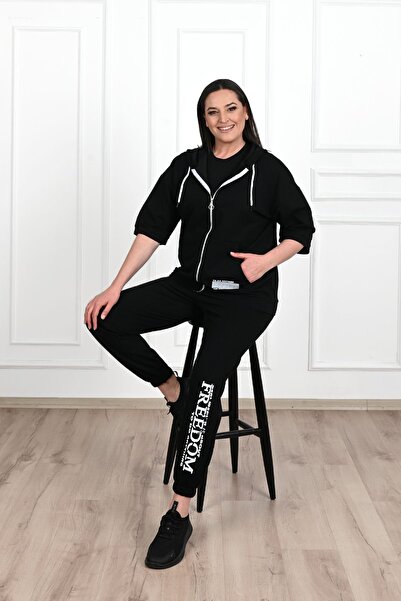 Koza Butik Γυναικεία φόρμα με κοντό μανίκι με κουκούλα μεγάλου μεγέθους 3705-23