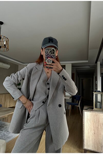 bonnline Yelekli Oversize Ceket Palazzo Pantolon 3lü takım