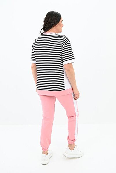 Koza Butik Γυναικείο Σετ Φούτερ με ρίγες Plus Size 8106-24