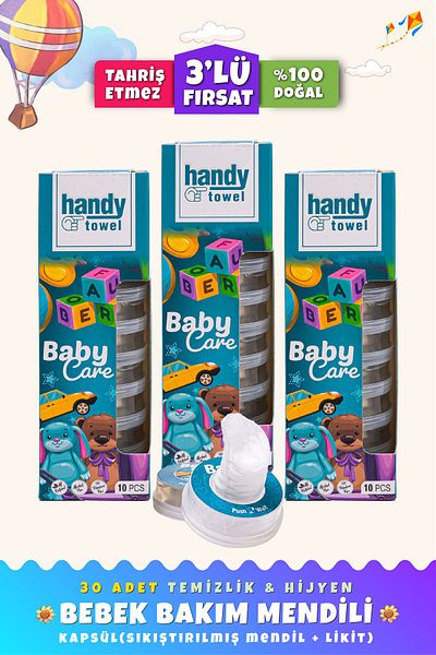 HandyTowel Classic 3-Pack Baby Care and Hygiene Wipes - 30X4,5 ml Travel Size, Magic Wipes