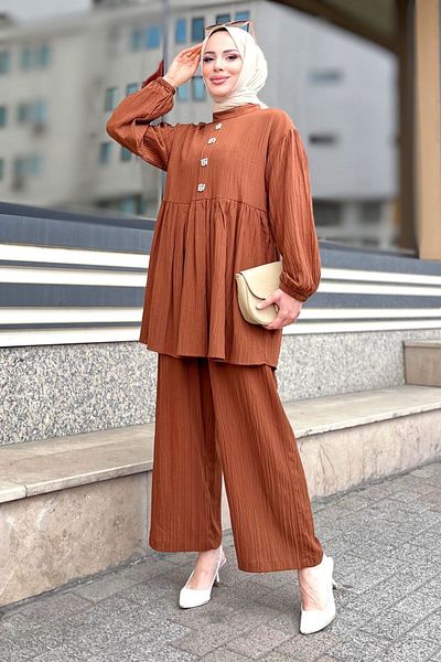 TOFİSA Women's Brown Tunic Trousers - Straight Crew Neck - 11629