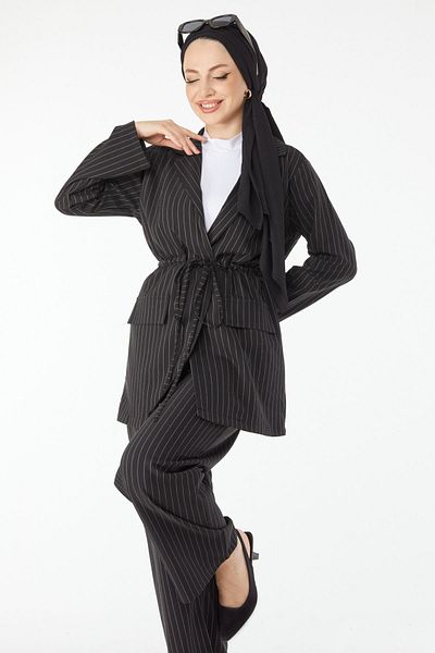 TOFİSA Black Striped Women's Jacket and Trousers Set - Straight Collar - 24511