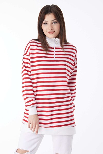 TOFİSA Red Striped Straight Half Turtleneck Women's Sweat - 23892
