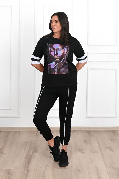 Koza Butik Women's Large Size Crew Neck Visual Printed Short Sleeve Tracksuit...