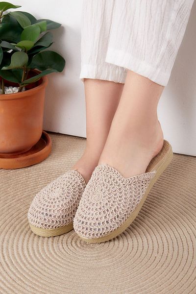 TOFİSA Beige Women's Straw Slippers - 25535