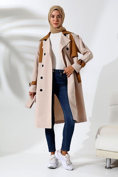 Mihran Butik Αδιάβροχη γυναικεία καμπαρντίνα με κανονική εφαρμογή - Διπλό πέτο, ύφασμα Bondit