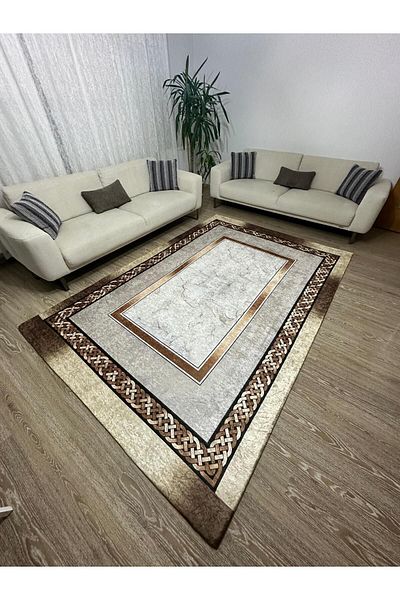MODKLAS Brown Sponge-free Carpet Cover - Elastic and Washable Knitted Print, 6m2 200x300 Cm