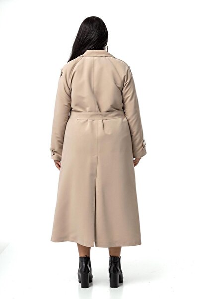 DISENTIS MODEST Plus Size Mono Neck Double Breasted Closure Slit Lined Long Beige Trench Coat
