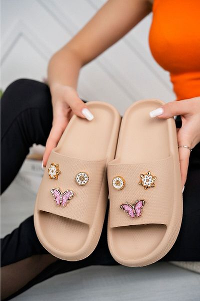 PLN SHOES Women's Beige Stone Daily Beach Sea Pool Slippers Gel