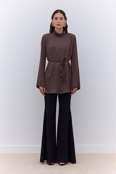 Manuka Wide Sleeve Satin Tunic - Brown